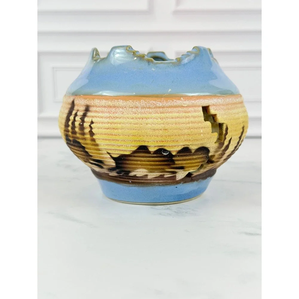 VTG Pottery Barn Blue Brown Glazed Native American Pot Planter 5